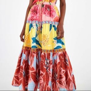 Farm Rio Mixed Garden tiered embroidered midi skirt